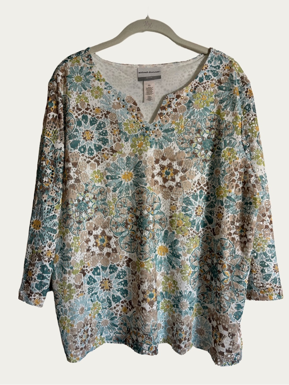 Alfred Dunner Floral Mosaic V‑Neck Top in Teal & Brown Petite PXL